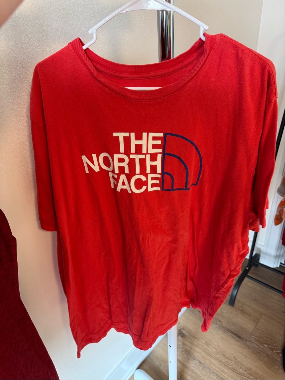 VINTAGE The North Face Shirt Men XXL Red Blue Big Spellout Logo Casual Cotton